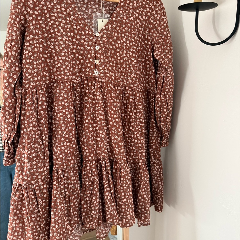 Rylee + Cru Rust Brown Mini Dress with White Floral Print
